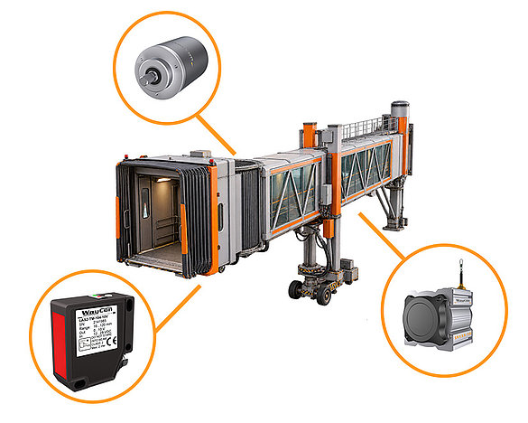 Passenger boarding bridges and position and distance sensors
